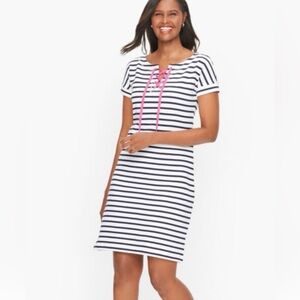 Talbots Navy & White Striped Short-Sleeve Midi Dress with Pink Lace-Up